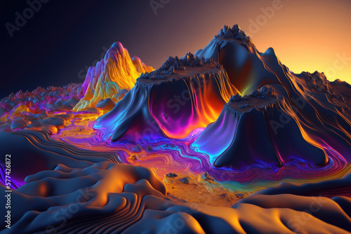 Generative AI illustration of volcanic formations with fluorescent lines photo