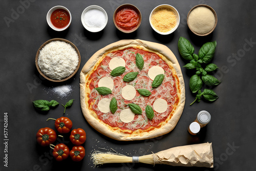 Generative AI illustration of delicious homemade pizza with ingredients photo