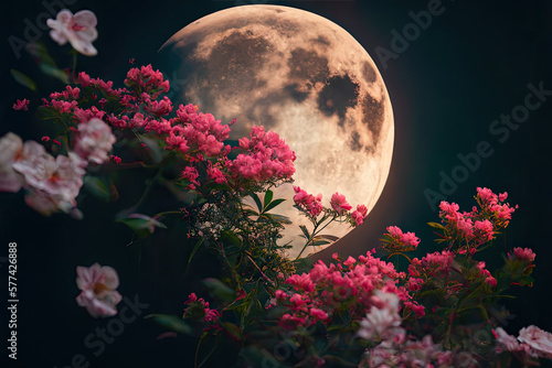 Generative AI illustration of blooming flowers against moon