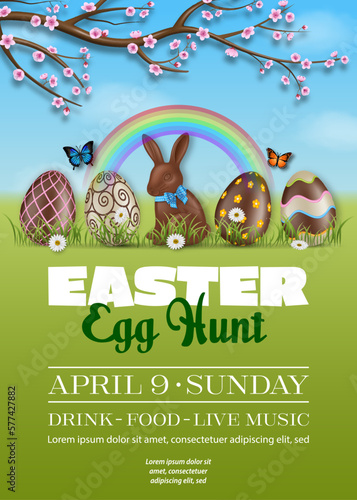 easter poster with chocolate eggs on spring background. egg hunt flyer