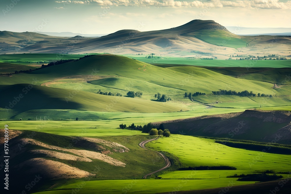 The rolling hills in the distance were a patchwork of green fields and rocky outcroppings.