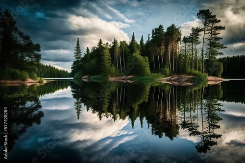 Un lac serein reflétait le ciel et les arbres environnants comme dans un miroir.