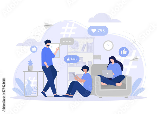 Man and woman using handphone, laptop, tablet for social networks, social media. Modern vector flat illustration.