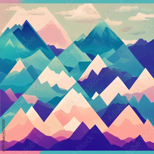 Abstract mountain landscape background poster design. Vector illustration in green trendy asian japanese style. Geometric template with mountains, sea in sunset backdrop flyer shape - generative ai