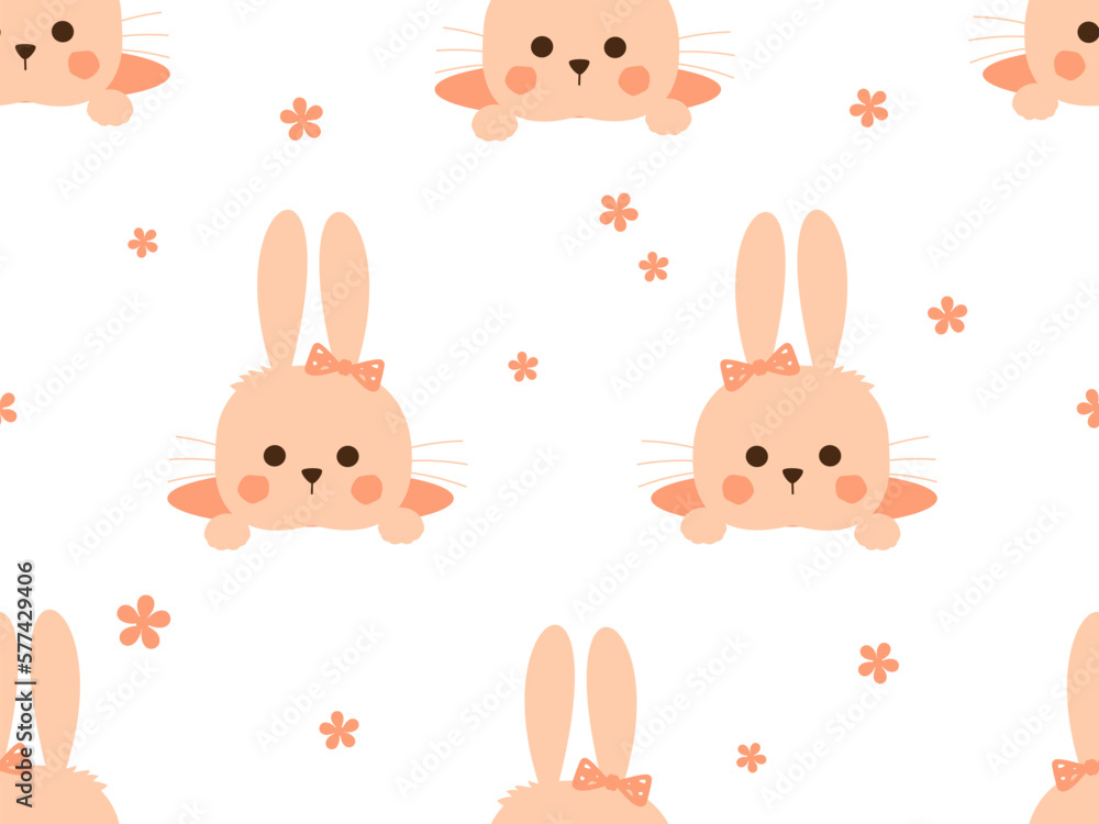 Seamless pattern with bunny rabbit cartoons and small flower on white background vector illustration. Cute childish print. Seamless pattern with bunny rabbit cartoons and small flower on white background vector illustration. Cute childish print.