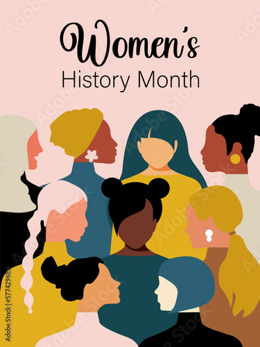 Women's History Month. Women of different ages, nationalities and religions come together. Pink vertical poster. Vector.