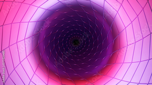 Pulsating light rings inside pink lined tunnel. Design. Hypnotic effect of the flight inside circular shaped tunnel.