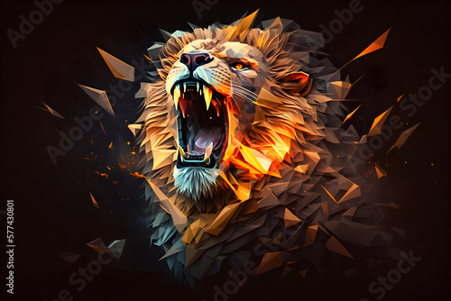 Photographie Abstract colorful polygon lion roaring Fierce, on fire