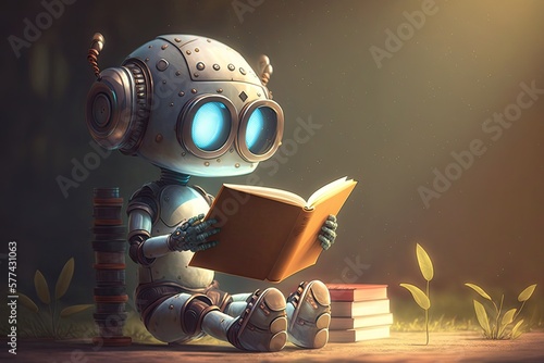 Cute Cartoon Robot Reading ...