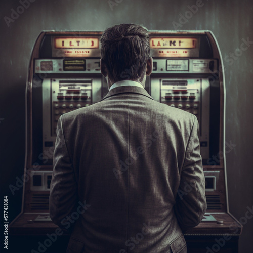 Back view of a man at a slot machine in a casino. Generative AI.