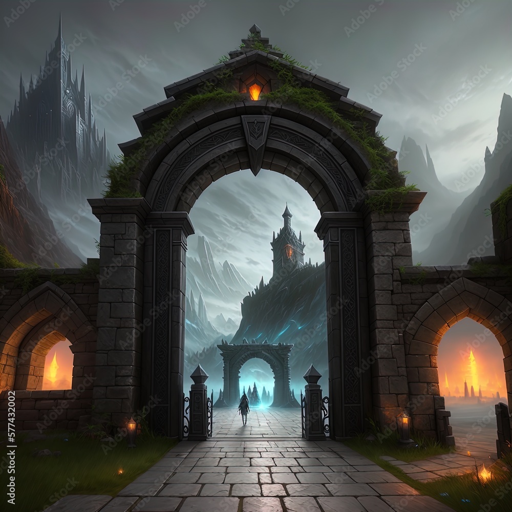 Fototapeta premium A gate leading to a mysterious and foreboding land. Great for dark fantasy, high fantasy, adventure, RPG. 