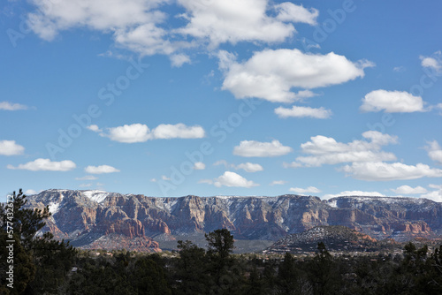 Snowy peaks on red rocks, in Sedona, Arizona.