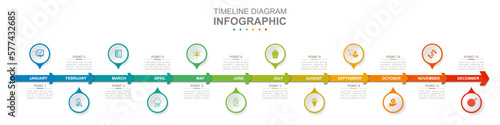 Infographic business template. 12 Months modern Timeline diagram calendar with arrows. Concept presentation.