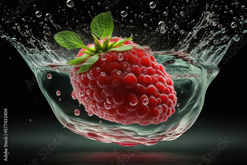 Raspberries in water. Fresh berries. Ai generated photo