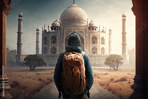 A backpacker with backpack is standing on the Taj Mahal palace, the world famous landmark of India. Travel and journey scene. Generative Ai image.
