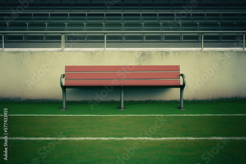 A wooden seat bench on side of football pitch for the substitution player. Generative Ai image.