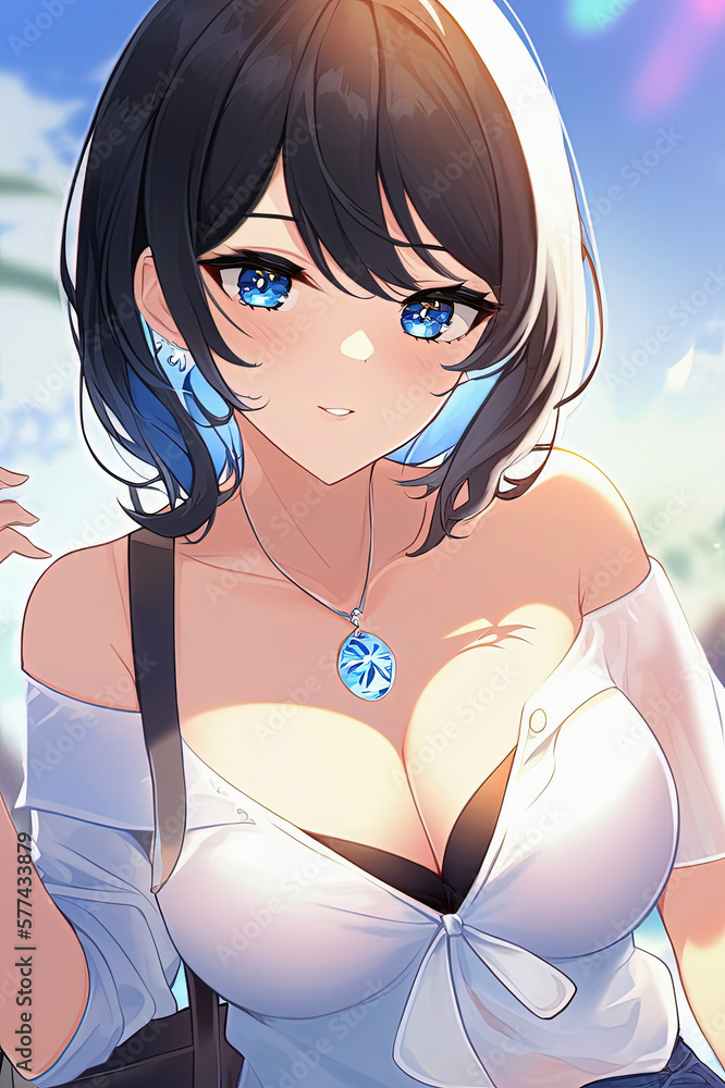 Sexy Girl With Big Breasts On Beach In Summer In Manga Anime Style 