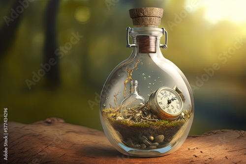 Time (watch) in bottle. Ai generated