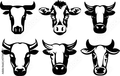 Cow head mascot variant set. Cattle logo. Farm animal illustration.
