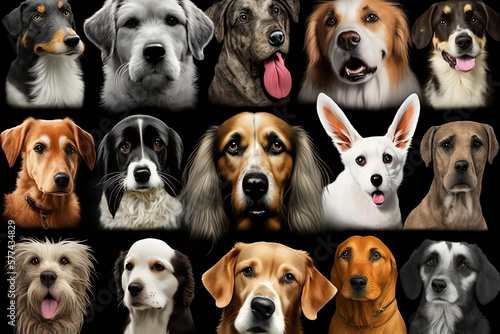 Collage of multiple dogs head portrait photos on a Dark background. Generative AI © ShadowHero