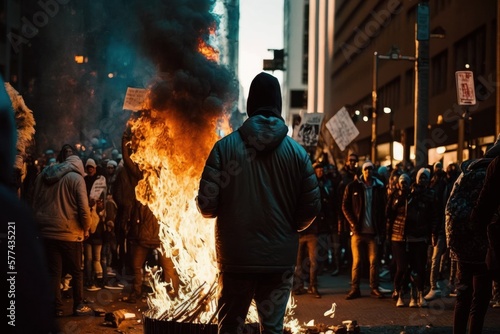 Large demonstrations in the city people, barricades, fire (Generative AI)