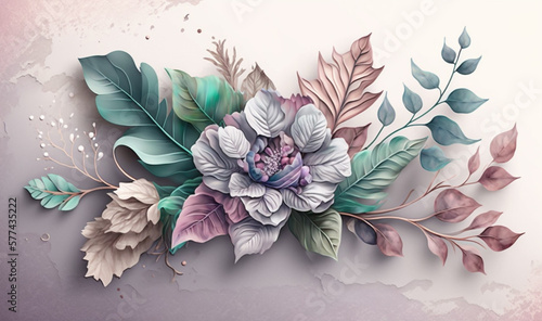 Abstract Watercolor Floral With Flower And Leaves 3D