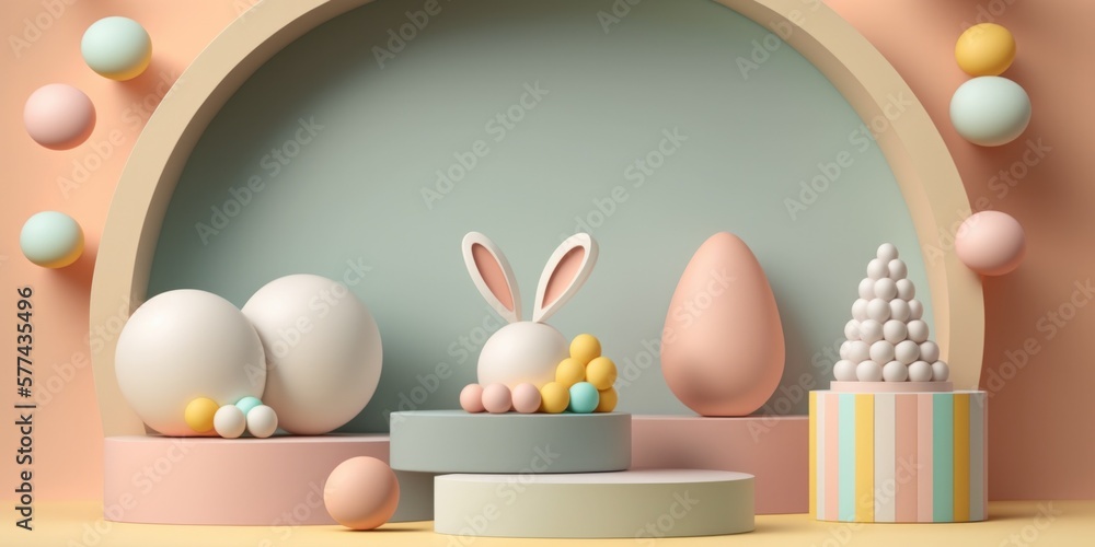 Happy Easter concept. Easter decor with podium empty pedestal in color spring stage design background, copy space. Holiday sale special season promotions product placement template, AI generative. Happy Easter concept. Easter decor with podium empty pedestal in color spring stage design background, copy space. Holiday sale special season promotions product placement template, AI generative.