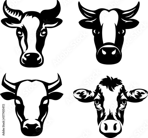 Cow head mascot variant set. Cattle logo. Farm animal illustration.