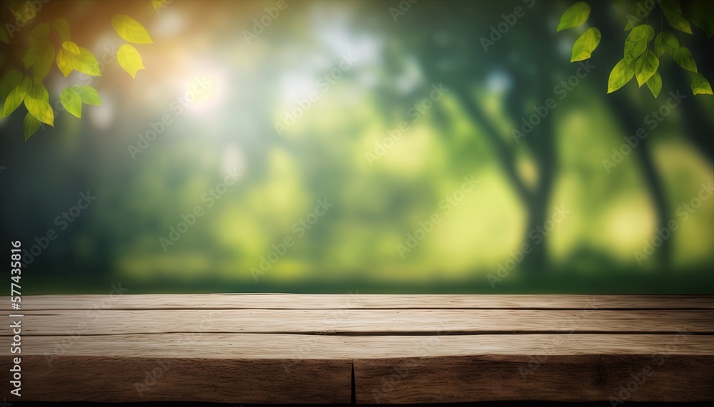 Wooden table and blurred green nature bokeh background for product.Tabletop photography: Images of various objects, such as books, plants, or stationery, arranged on a wooden tabletop.Generative AI Wooden table and blurred green nature bokeh background for product.Tabletop photography: Images of various objects, such as books, plants, or stationery, arranged on a wooden tabletop.Generative AI
