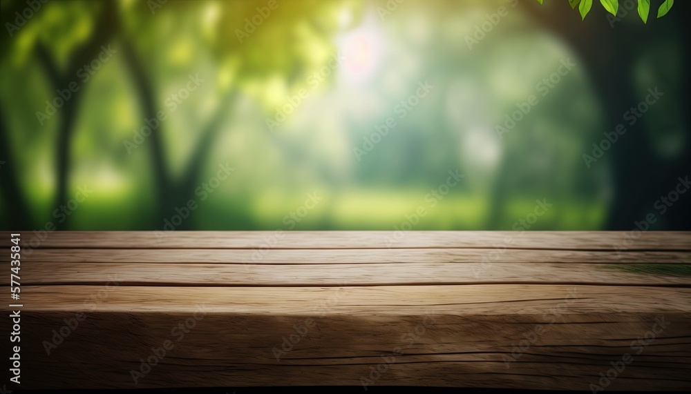 Wooden table and blurred green nature bokeh background for product.Tabletop photography: Images of various objects, such as books, plants, or stationery, arranged on a wooden tabletop.Generative AI Wooden table and blurred green nature bokeh background for product.Tabletop photography: Images of various objects, such as books, plants, or stationery, arranged on a wooden tabletop.Generative AI