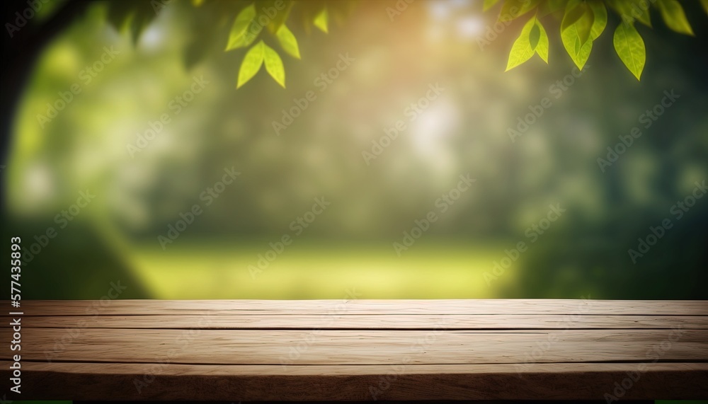 Wooden table and blurred green nature bokeh background for product.Tabletop photography: Images of various objects, such as books, plants, or stationery, arranged on a wooden tabletop.Generative AI Wooden table and blurred green nature bokeh background for product.Tabletop photography: Images of various objects, such as books, plants, or stationery, arranged on a wooden tabletop.Generative AI