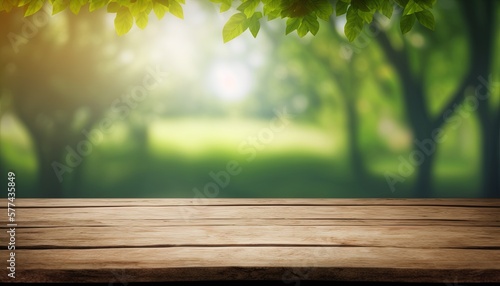 Wooden table and blurred green nature bokeh background for product.Tabletop photography  Images of various objects  such as books  plants  or stationery  arranged on a wooden tabletop.Generative AI