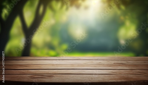 Wooden table and blurred green nature bokeh background for product.Tabletop photography: Images of various objects, such as books, plants, or stationery, arranged on a wooden tabletop.Generative AI