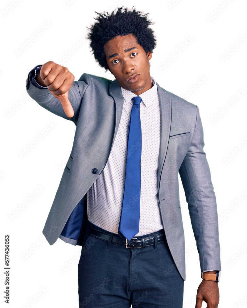 Handsome african american man with afro hair wearing business jacket looking unhappy and angry showing rejection and negative with thumbs down gesture. bad expression. Handsome african american man with afro hair wearing business jacket looking unhappy and angry showing rejection and negative with thumbs down gesture. bad expression.