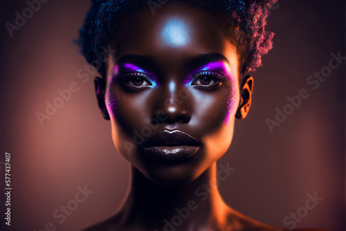 Fashion portrait beautiful black woman in neon studio lighting. Generative AI illustration