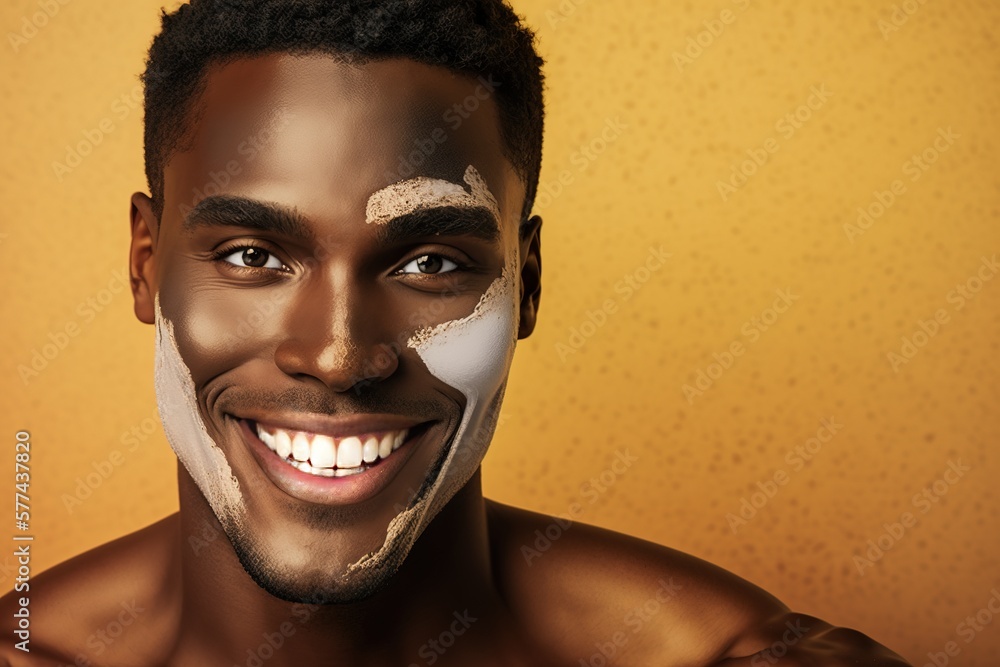 Attractive African American young man with facial treatment over yellow background,. Studio shot style. Generative AI Attractive African American young man with facial treatment over yellow background,. Studio shot style. Generative AI