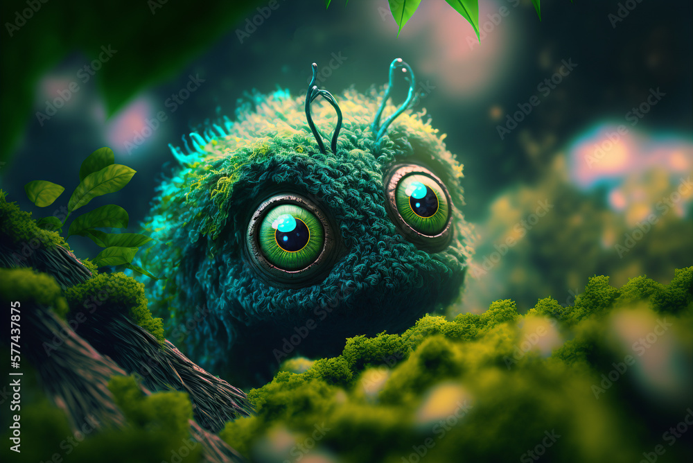 Cute little green natural monster with irresistible eyes and antennas on its head peeking out of