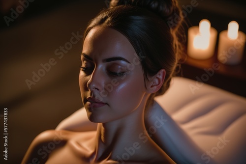 Attractive young woman relaxing at spa session. Self care concept. Generative AI