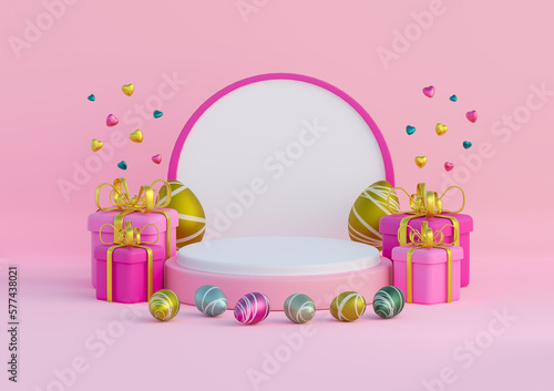 Pink and white podium with pink background and Easter eggs. 3d render illustration