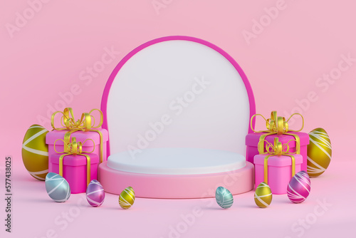 Pink and white podium with pink background and Easter eggs. 3d render illustration © AnIv