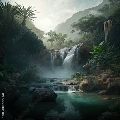 beautiful waterfall in deep tropical forest realistic painting Generative AI