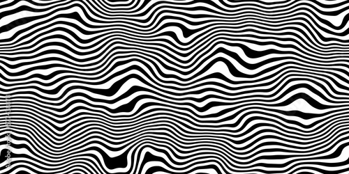 Seamless trippy psychedelic wavy warbled retro horizontal zebra stripes pattern. Vintage 70s and 80s vaporwave aesthetic art. Black and white horizontal surreal marbled wonky lines background texture.