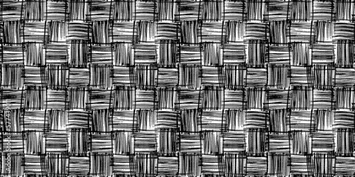 Seamless abstract hand drawn basket weave crosshatch stripes checker texture doodle drawing pattern overlay. Trendy black ink line art textile design illustration isolated on white background. photo