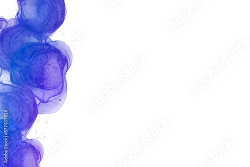 アルコールインクアートの抽象フレーム）左に液体や水のテクスチャの紫のグラデーションの丸