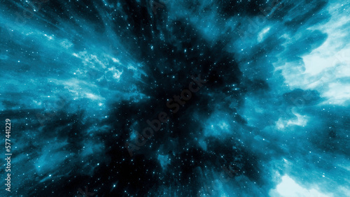 Traveling through star fields in space as a supernova bursts light. Motion. Colorful cosmic background. photo