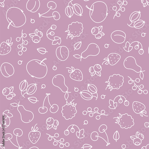 Seamless pink background with fruits and berries.