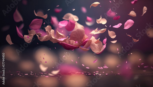 Pink rose petals fall on the table against a blurred background. Background for a romantic card for Valentine s Day. Photorealistic drawing generated by AI.