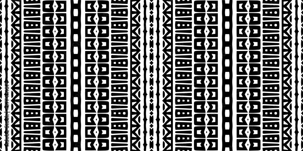 Vector geometric ornament in ethnic style. Seamless pattern with abstract shapes. Black and white geometric wallpaper. Repeating pattern for decor, textile and fabric.Abstraction art. Vector geometric ornament in ethnic style. Seamless pattern with abstract shapes. Black and white geometric wallpaper. Repeating pattern for decor, textile and fabric.Abstraction art.