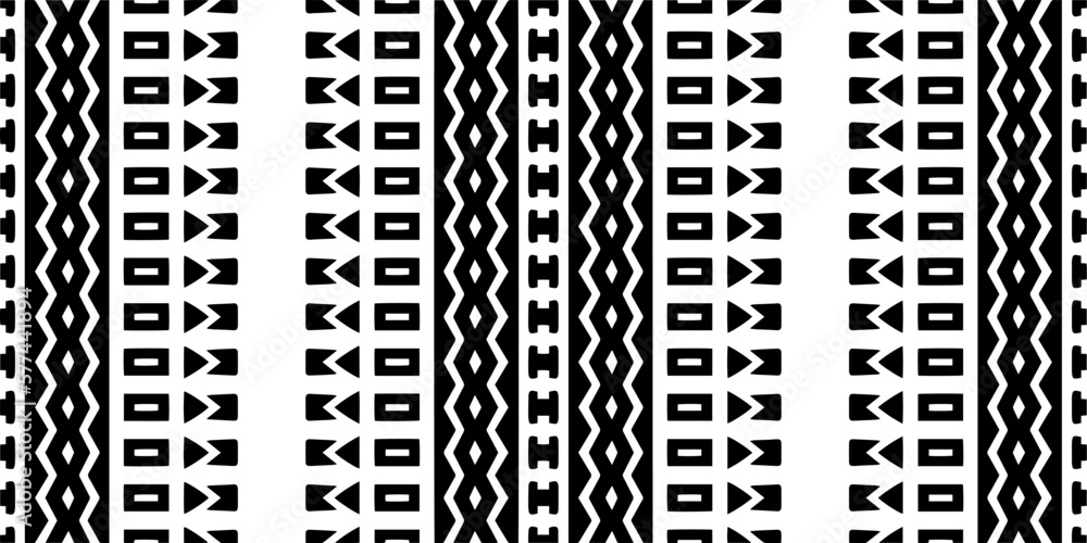 Vector geometric ornament in ethnic style. Seamless pattern with abstract shapes. Black and white geometric wallpaper. Repeating pattern for decor, textile and fabric.Abstraction art. Vector geometric ornament in ethnic style. Seamless pattern with abstract shapes. Black and white geometric wallpaper. Repeating pattern for decor, textile and fabric.Abstraction art.