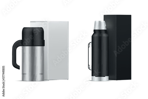 Thermos box stainless container drink temperature saving branding merchandise set realistic vector